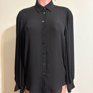 Tahari Women’s Medium Black button down Blouse long Balloon‎ Pleated Sleeve